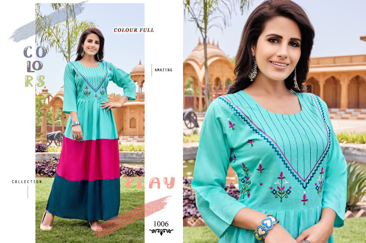 Colour Full 1001 Fancy Party Wear Rayon Long Anarkali Kurti Collection